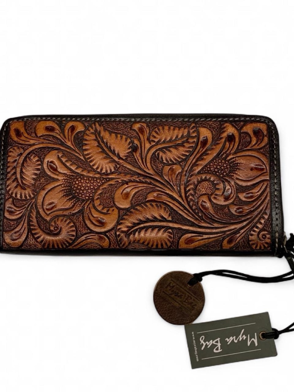 Myra Bag Tooled Floral Leather Zip Wallet in Brown and Black